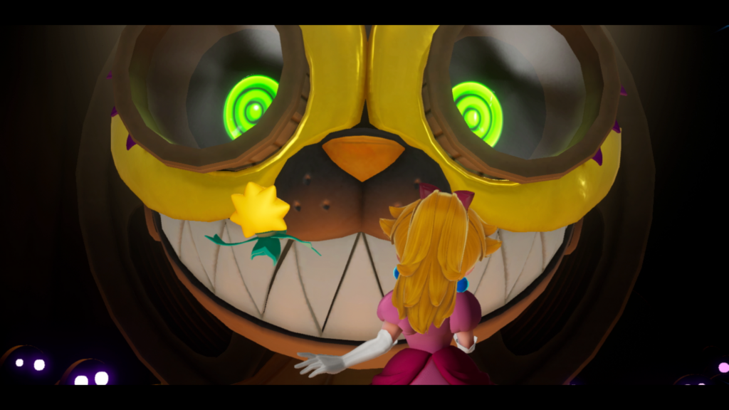 Princess Peach and Stella stand face-to-face with a boss enemy in the Princess Peach Showtime video game