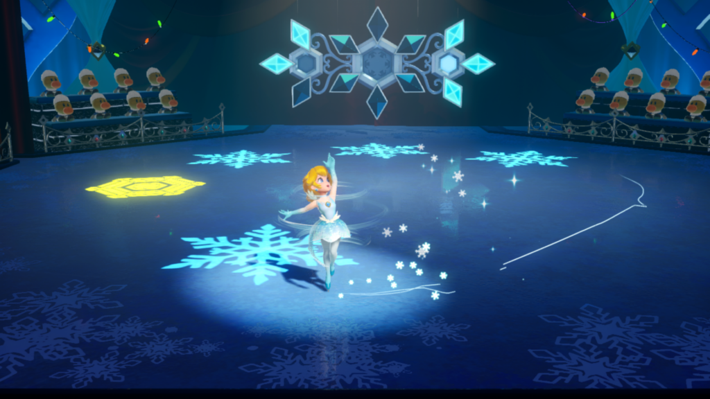 Figure Skater Peach skates on the ice in the Princess Peach Showtime video game