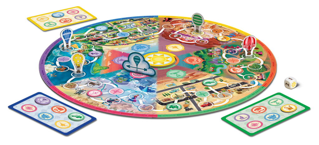 The components from the Disney Around the World tabletop game are set up to appear as though four people are playing the game