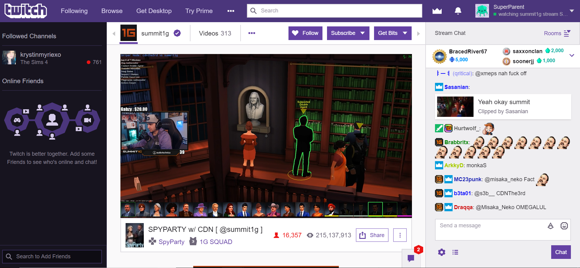 Twitch interface: A livestream in progress, featuring a game and player, and an active chatroom on the right.