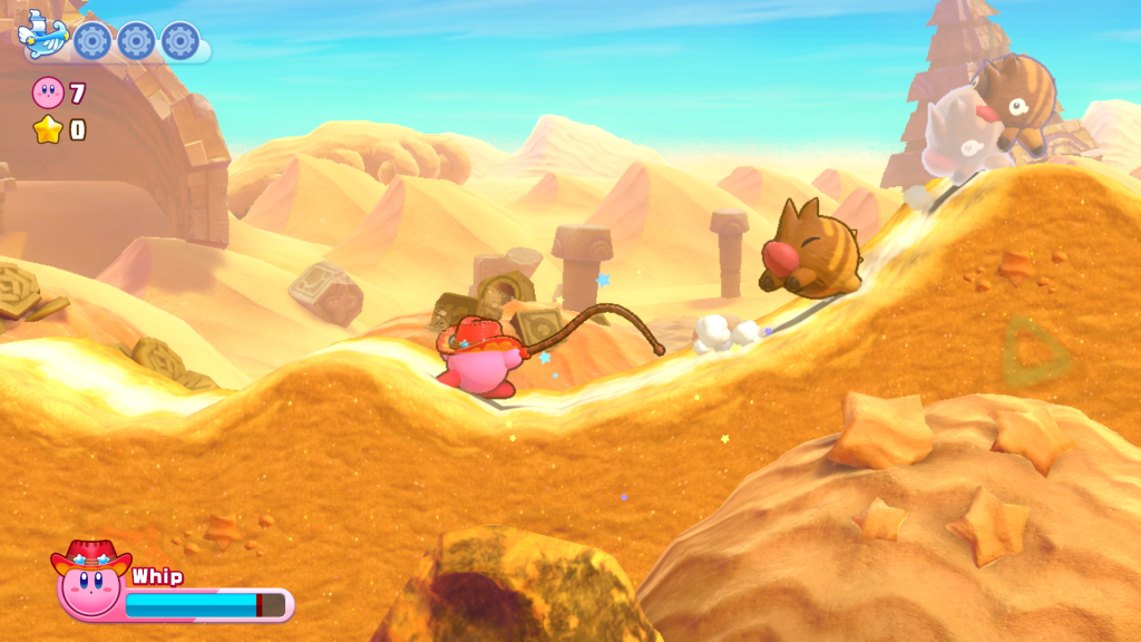 Screenshot showing Kirby using the "Whip" Copy Ability in Kirby's Return to Dream Land Deluxe